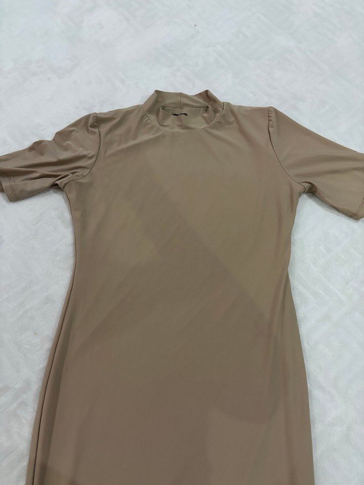 Bej Yarım Kollu Uzun Basic Elbise - Görsel 2