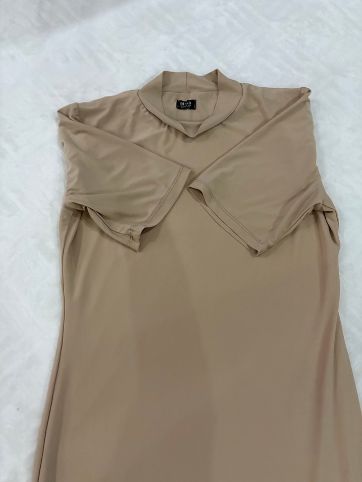 Bej Yarım Kollu Uzun Basic Elbise - Görsel 3