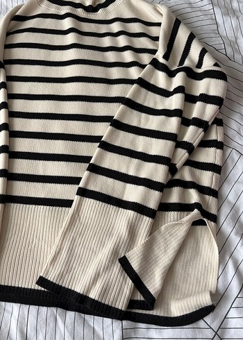 Boğazlı Çizgili Örgü Kadın Kazak - Görsel 2