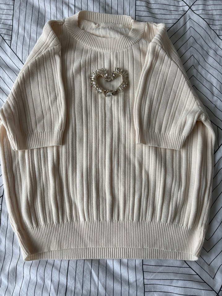 Bej Kısa Kollu Örgü Kadın Kazak - Görsel 3