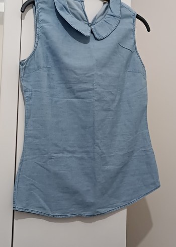 Kadın Mavi Kolsuz Denim Gömlek