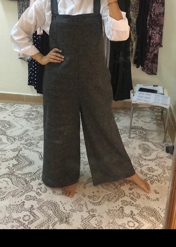 Gri Keten Salaş Midi Kadın Tulum - Görsel 2