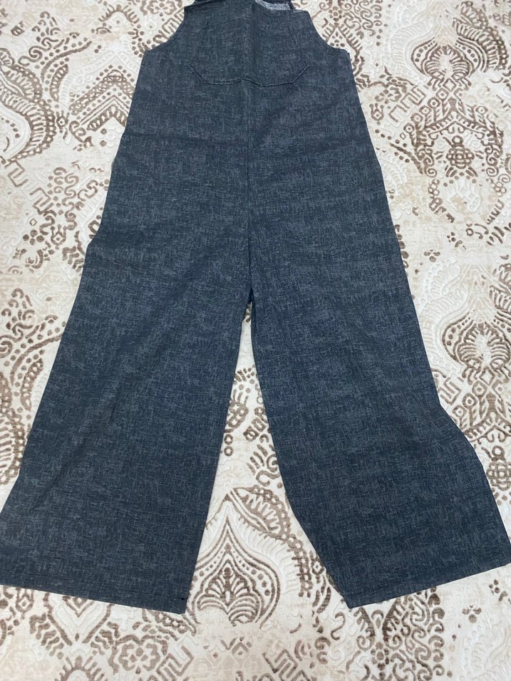 Gri Keten Salaş Midi Kadın Tulum - Görsel 3