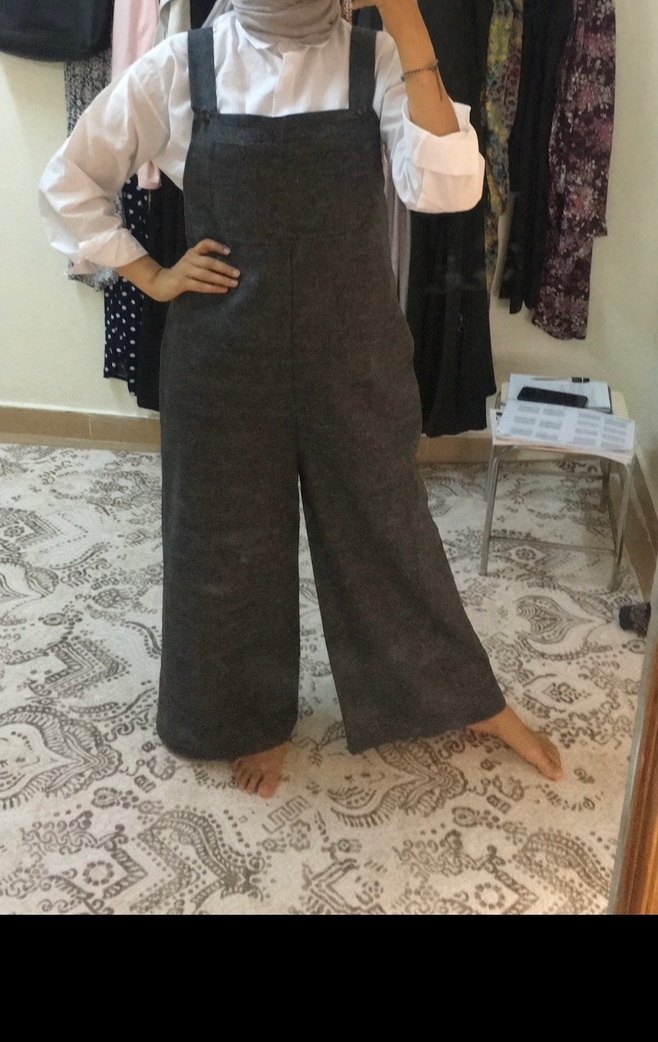 Gri Keten Salaş Midi Kadın Tulum - Görsel 2