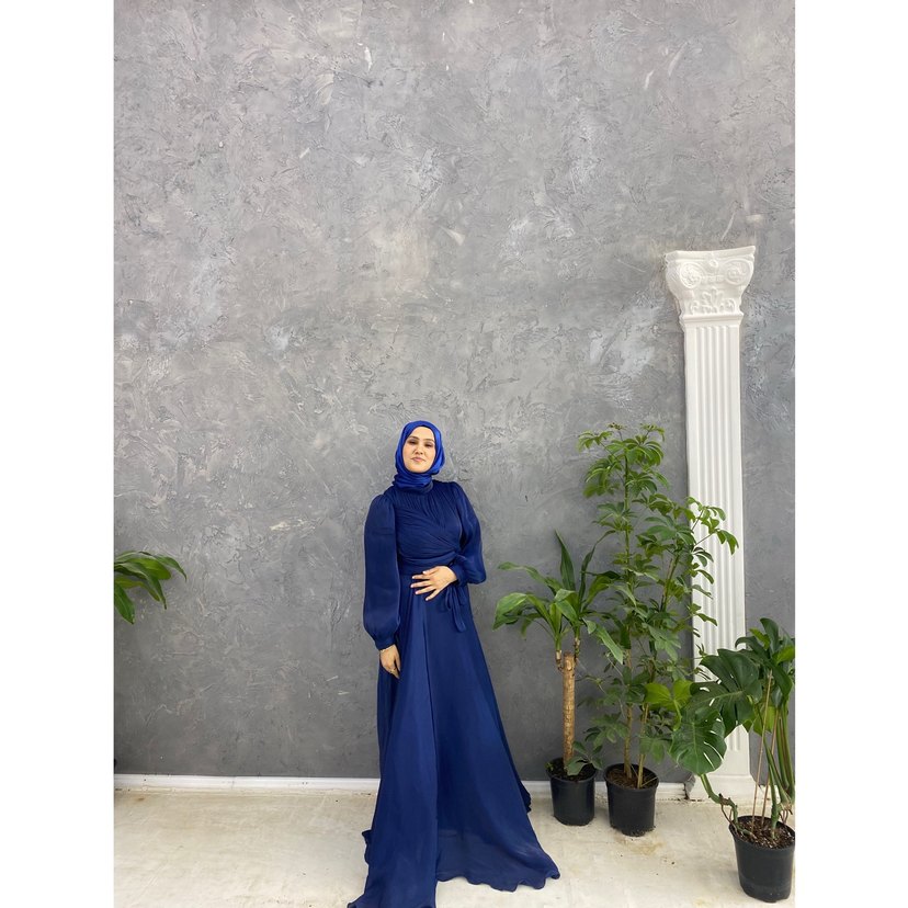 Bohem Stil Lacivert Uzun Drapeli Kadın Abiye - Görsel 2