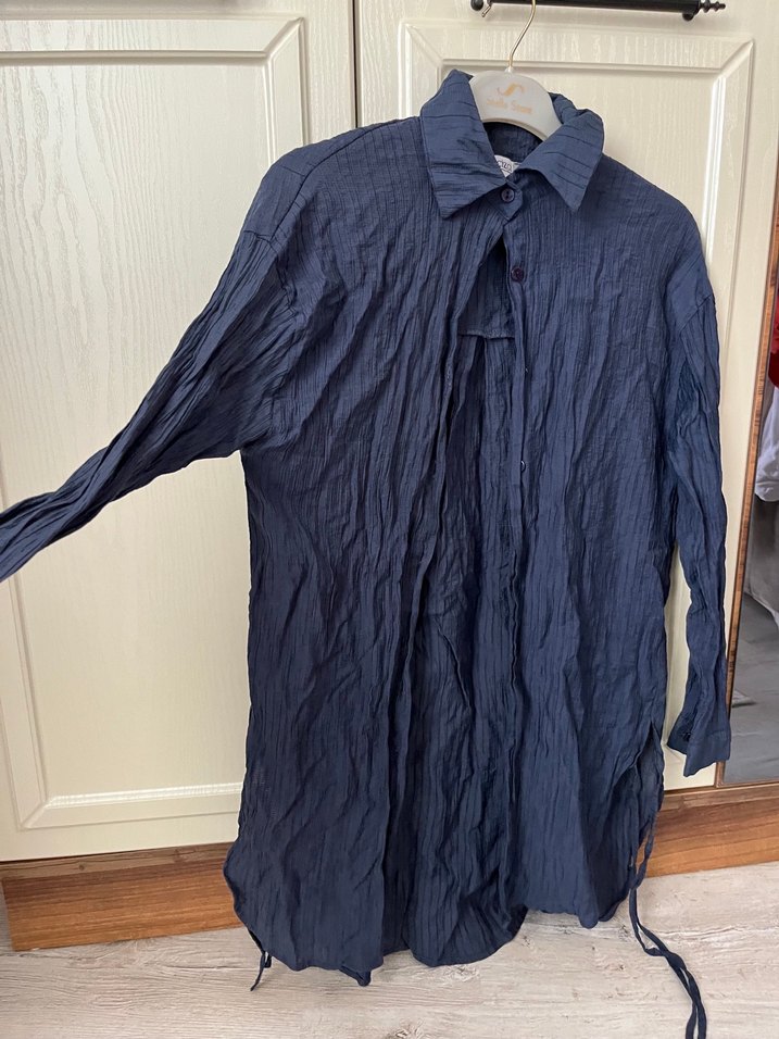 Kadın Gri Keten Pileli Uzun Kollu Gömlek - Görsel 2