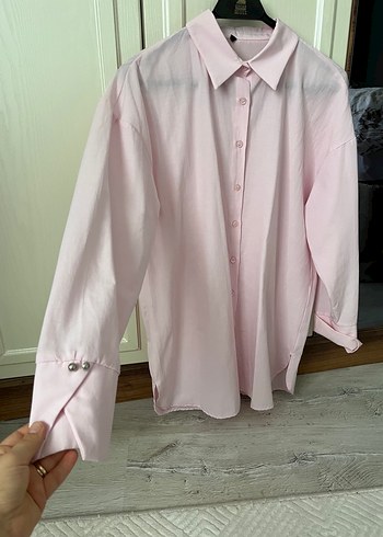 Pembe Düğmeli Uzun Kollu Keten Gömlek - Görsel 2