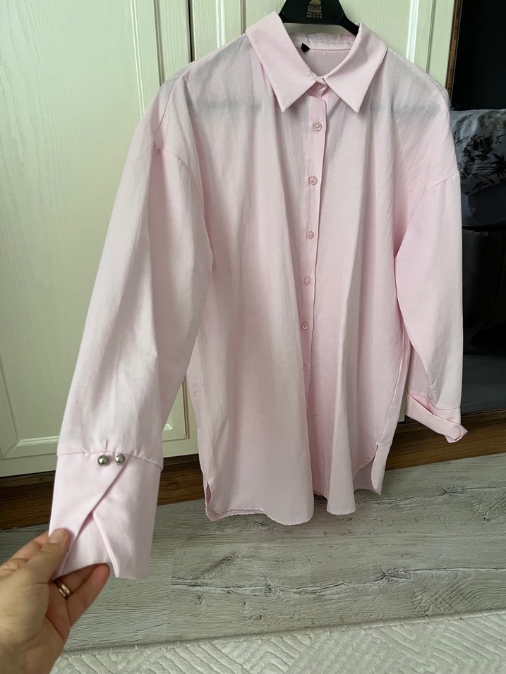 Pembe Düğmeli Uzun Kollu Keten Gömlek - Görsel 2