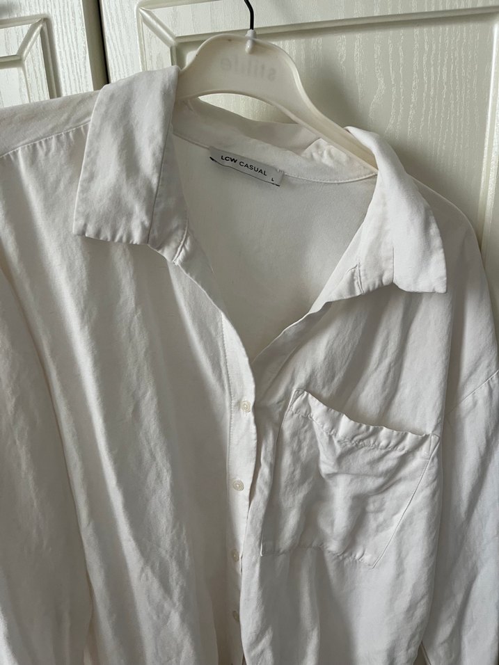 Düğmeli Beyaz Keten Gömlek - Görsel 2