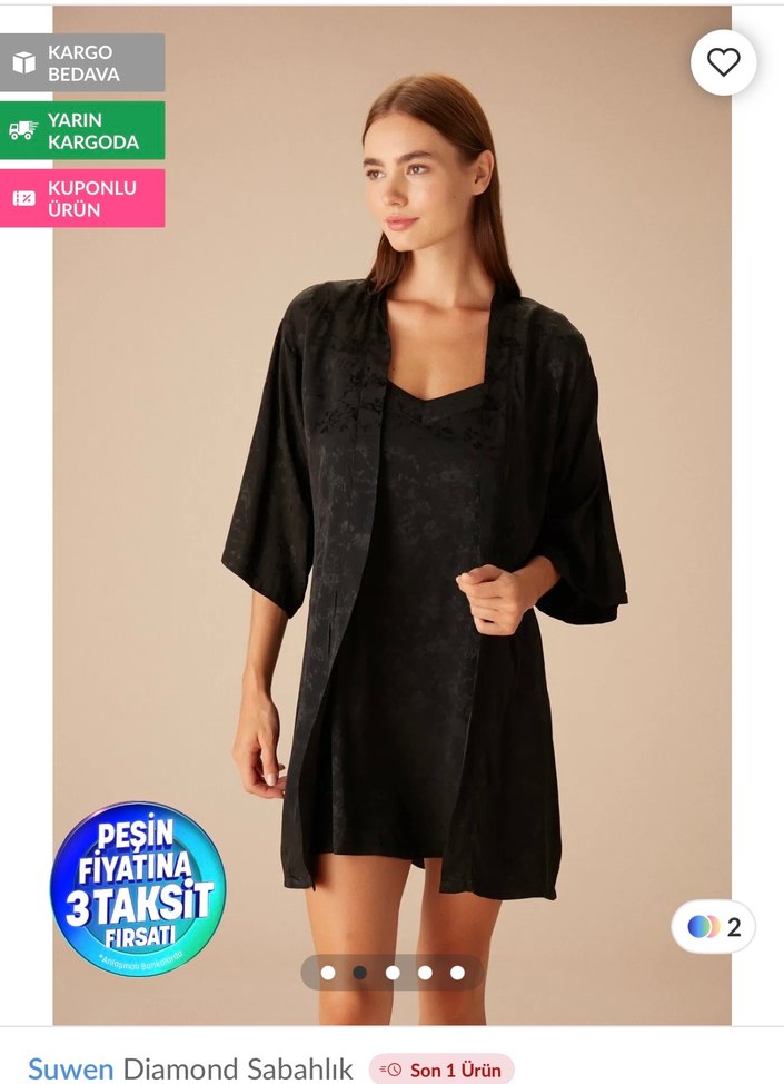 Siyah Kısa Kollu Mini Kadın Sabahlık gecelik takımı - Görsel 4