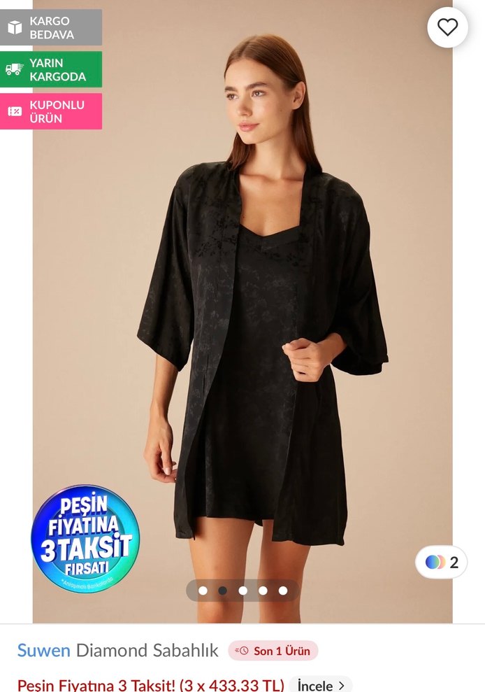 Siyah Kısa Kollu Mini Kadın Sabahlık gecelik takımı - Görsel 3