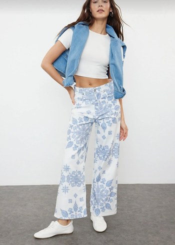 Bohem Desenli Midi Yüksel Bel Denim Pantolon 36 yeni etiketli - Görsel 5