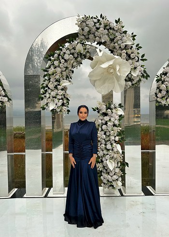 Lacivert Drapeli Uzun Abiye Elbise - Görsel 6