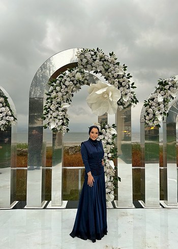 Lacivert Drapeli Uzun Abiye Elbise - Görsel 11