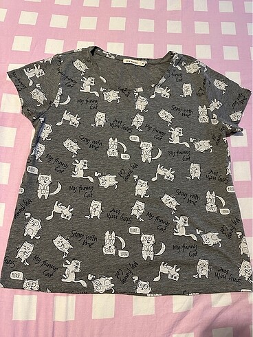 LC Waikiki Kedi desenli gri tişört