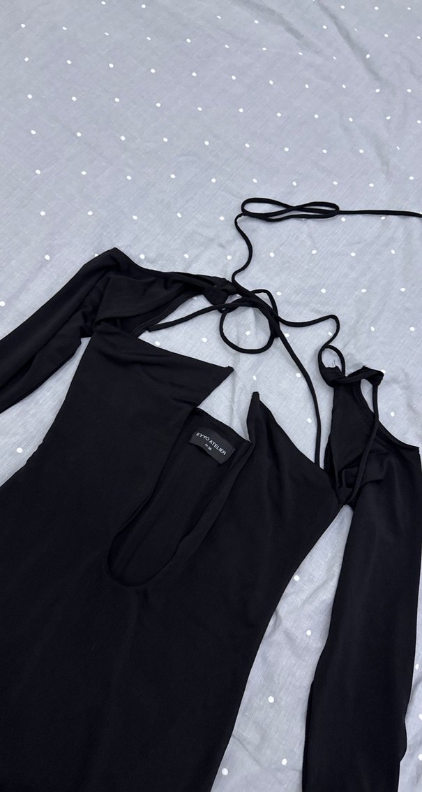 Siyah V Yaka Strappy Gotik Midi Elbiseler - Görsel 4