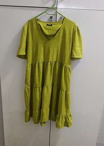 Yeşil Keten Mini Volanlı Elbise