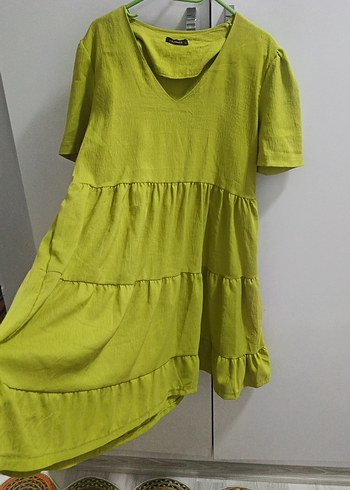 Trendyol & Milla Yeşil Keten Mini Volanlı Elbise