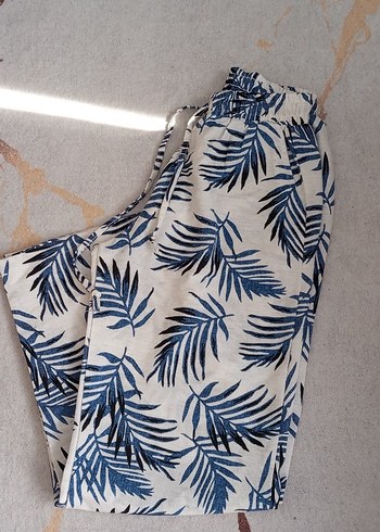 Kadın Mavi Yaprak Desenli Rahat Kumaş Pantolon