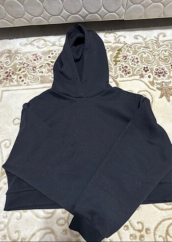 s Beden Siyah Kapüşonlu Kısa Sweatshirt