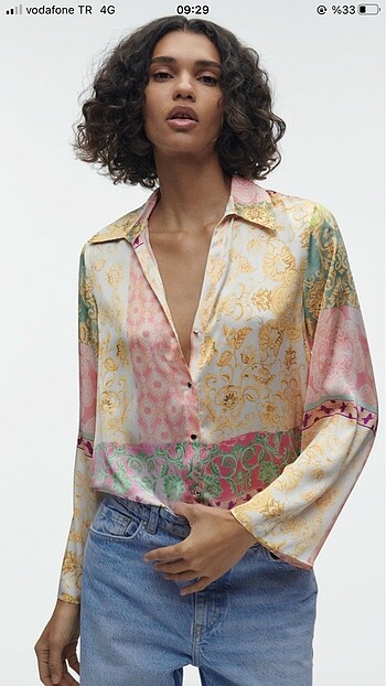 Zara saten desenli gömlek patchwork