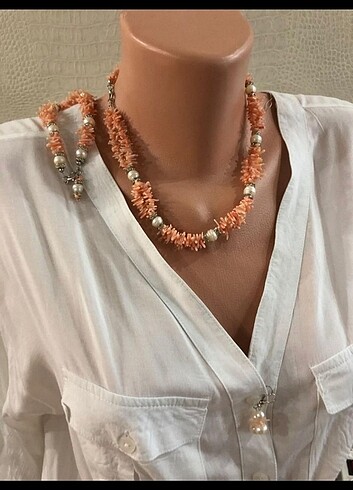Gerçek mercan ve inci gerdanlık, bileklik ve kupe