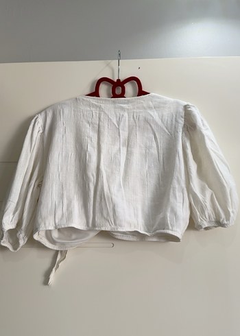 Beyaz Bohem Keten Bağcıklı Bluz - Görsel 3