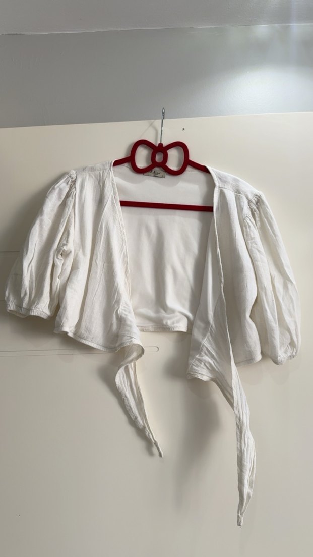 Beyaz Bohem Keten Bağcıklı Bluz - Görsel 2