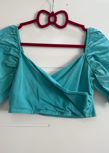 Turkuaz V Yaka Drapeli Mini Bluz - Görsel 2