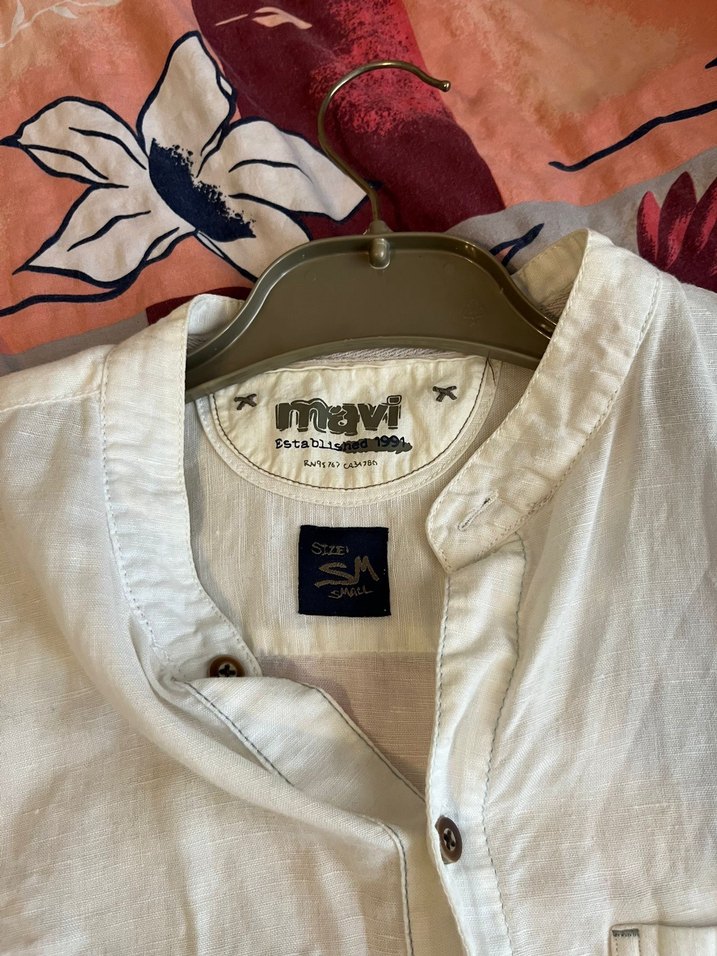 Mavi Beyaz Keten Gömlek - Görsel 2