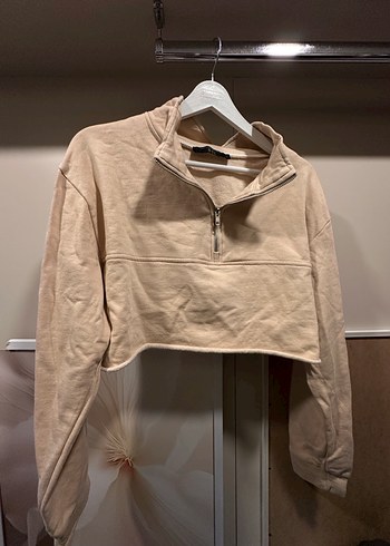 BSL MARKA Kadın Bej Fermuarlı Yarım Yaka CROP Sweatshirt