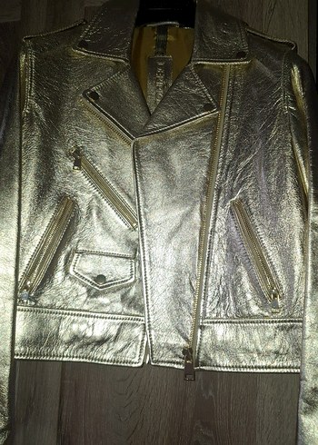 Kadın Parlak Altın Deri Biker Ceket - Görsel 2