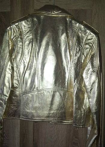 Kadın Parlak Altın Deri Biker Ceket - Görsel 4