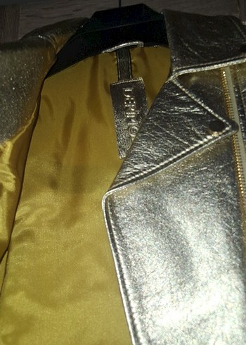 Kadın Parlak Altın Deri Biker Ceket - Görsel 3