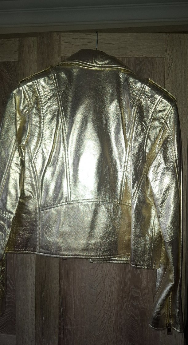 Kadın Parlak Altın Deri Biker Ceket - Görsel 4