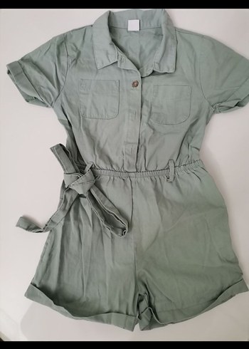 Mint yeşil Kemerli Kısa Kollu Keten Tulum - Görsel 2