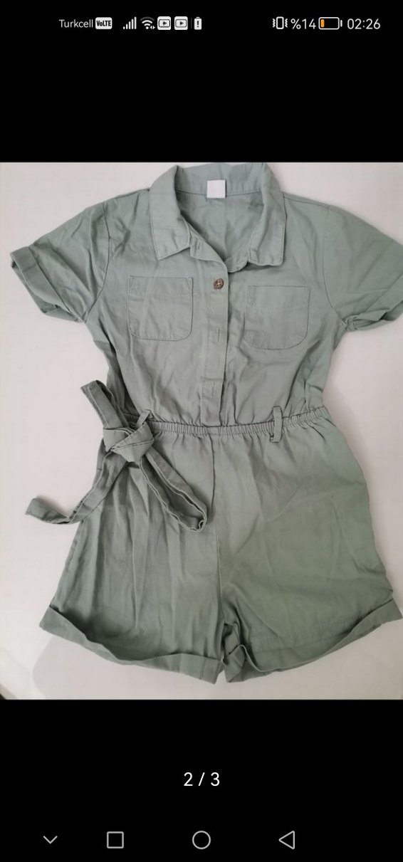 Mint yeşil Kemerli Kısa Kollu Keten Tulum - Görsel 2