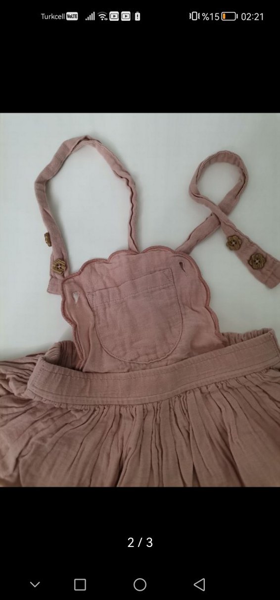 Kız Çocuk Pembe Keten Askılı Elbise - Görsel 2