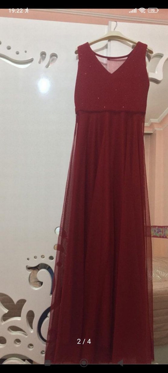 Bordo V Yakalı Uzun Drapeli Elbise - Görsel 2