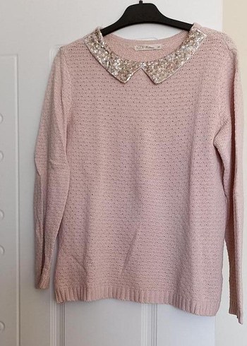 LC Waikiki Pudra Pembe Payetli Yaka Triko Kazak