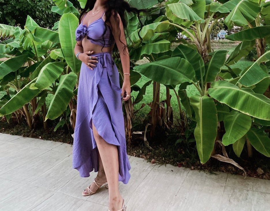 Mor Drapeli Uzun Askılı Bohem Elbise - Görsel 2