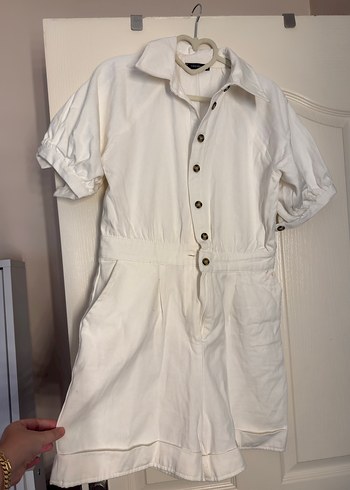 Kadın Beyaz  Düğmeli Kısa Tulum - Görsel 2