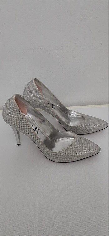 Diğer Gümüş simli abiye topuklu ayakkabı