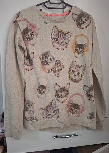 Gri Kedi Desenli Kız Sweatshirt