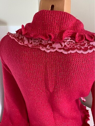 m Beden pembe Renk Fuşya pembe yün yumuşacık tül detaylı şık hırka