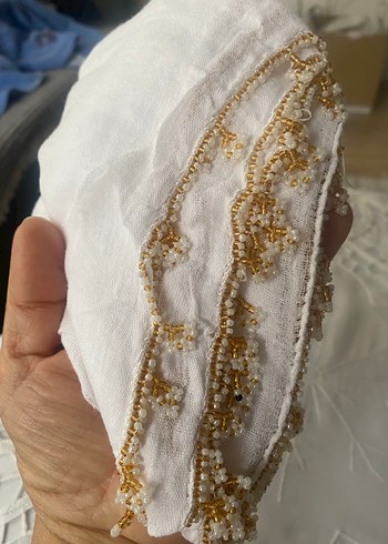 Boncuk İşlemeli Beyaz Bohem Kadın Fuları - Görsel 14