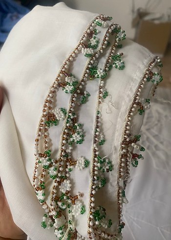 Boncuk İşlemeli Beyaz Bohem Kadın Fuları - Görsel 8