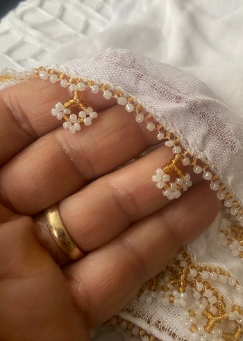 Boncuk İşlemeli Beyaz Bohem Kadın Fuları - Görsel 15