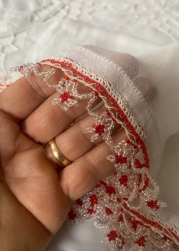 Boncuk İşlemeli Beyaz Bohem Kadın Fuları - Görsel 17