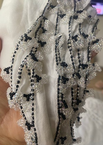 Boncuk İşlemeli Beyaz Bohem Kadın Fuları - Görsel 11